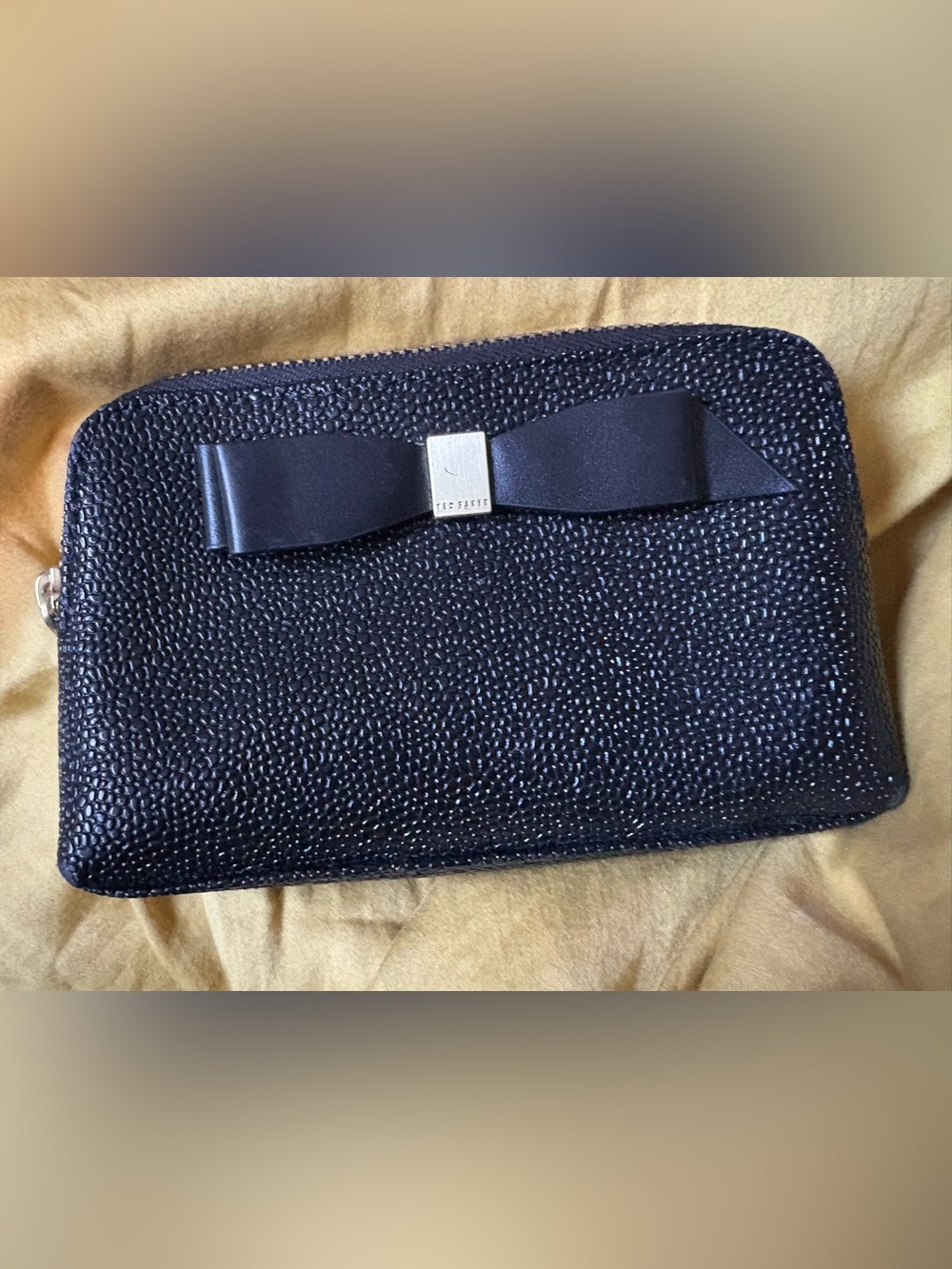 Ted Baker Black Pebbled Leather Lipstick Bag Gold Logo